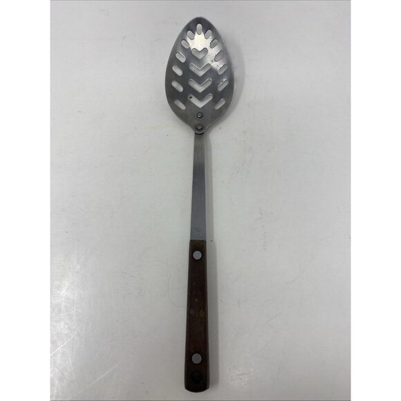 Vintage Pyramid Stainless Steel Slotted Serving Spoon with Brown Wood Handle - Picture 1 of 4
